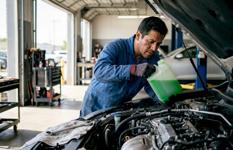 Mechanic inspecting engine coolant reservoir