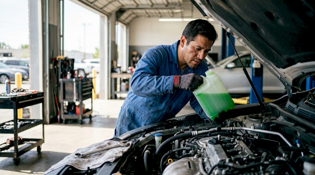Mechanic inspecting engine coolant reservoir