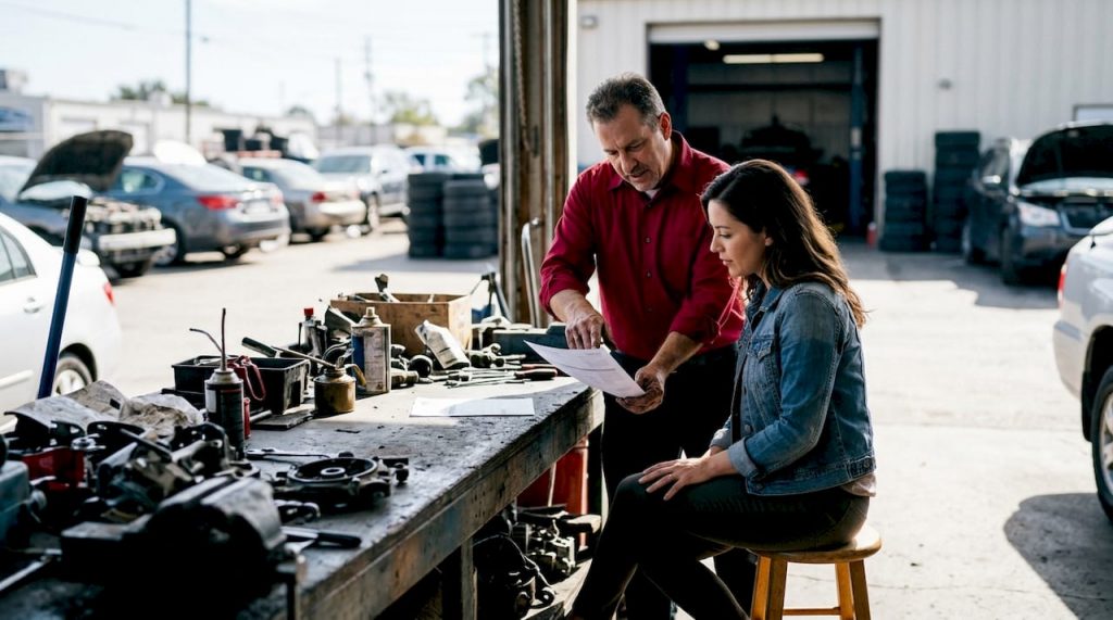 Mechanic explaining repair costs to customer