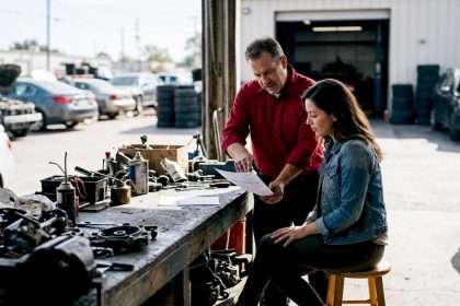 Mechanic explaining repair costs to customer