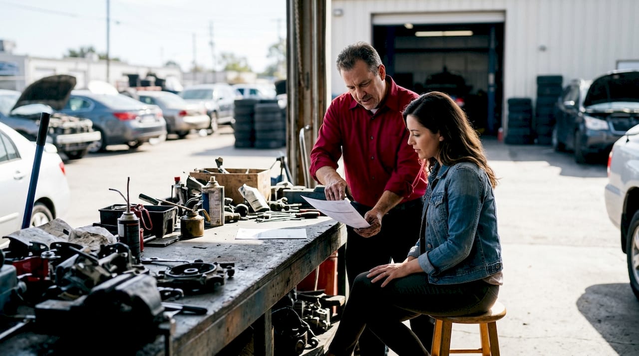 Mechanic explaining repair costs to customer