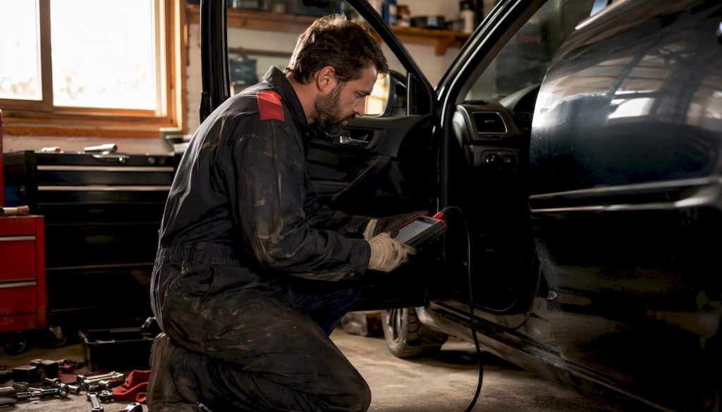 Mechanic diagnosing car acceleration hesitation