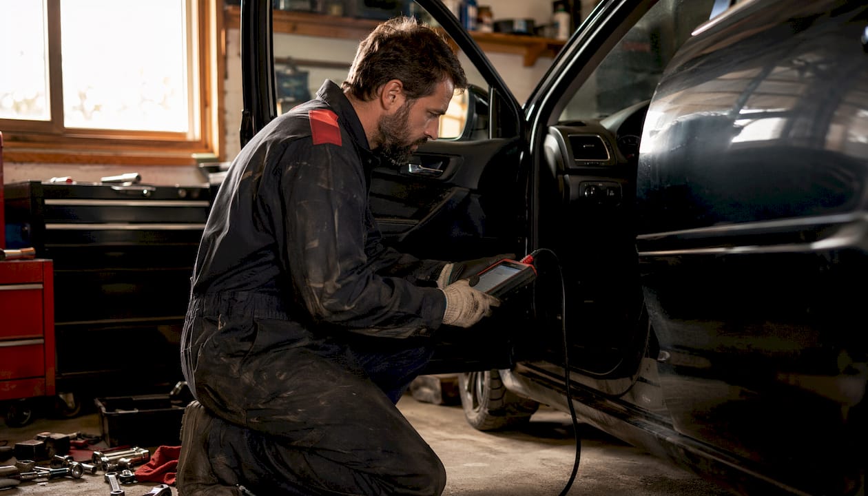 Mechanic diagnosing car acceleration hesitation