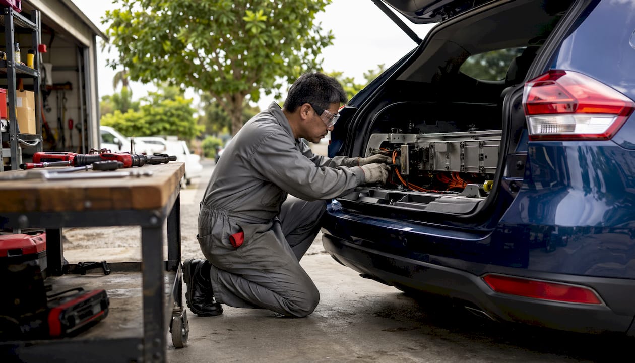 Mechanic inspecting hybrid SUV engine