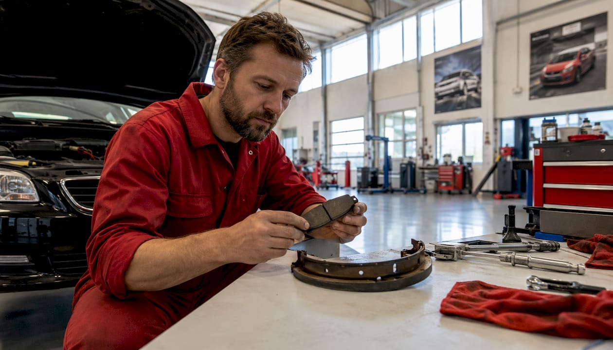 Mechanic inspecting brake pads and shoes in garage