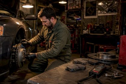 Technician servicing European vehicle brake system