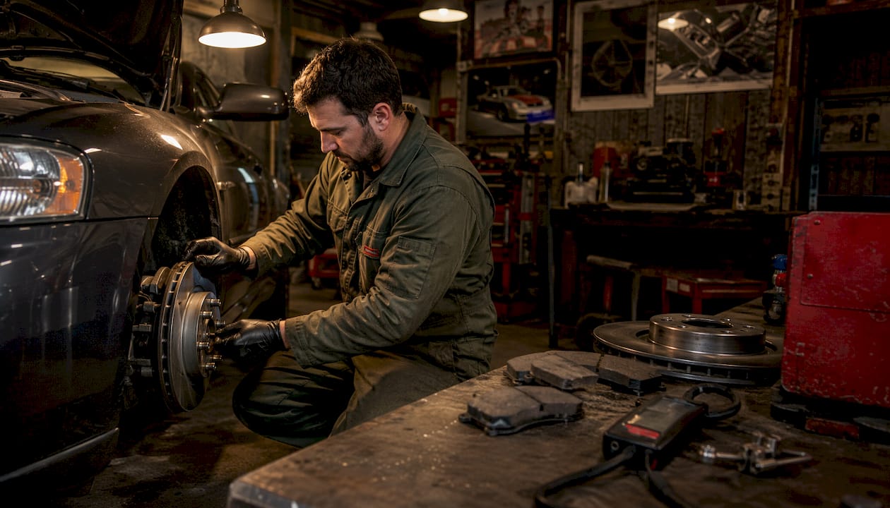 Technician servicing European vehicle brake system