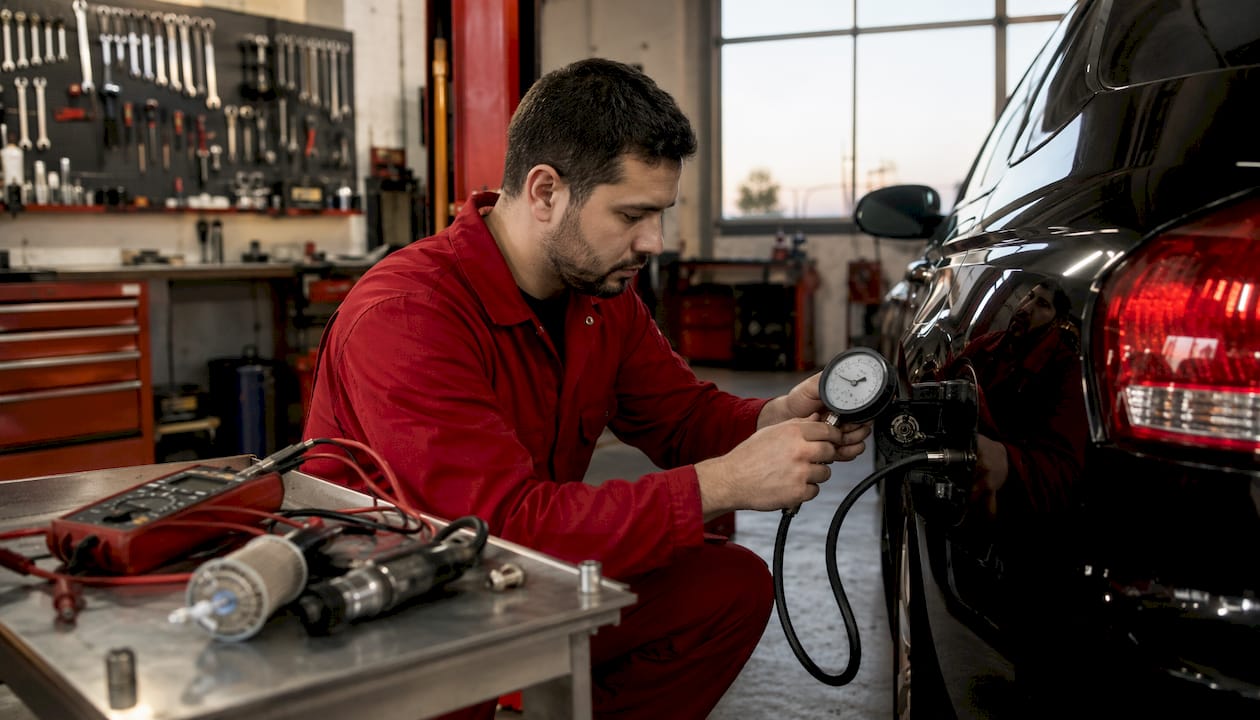 Hands connecting fuel pressure gauge during diagnosis