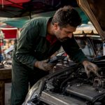 Mechanic diagnosing car engine stall at idle