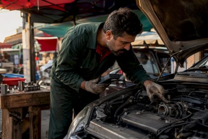 Mechanic diagnosing car engine stall at idle