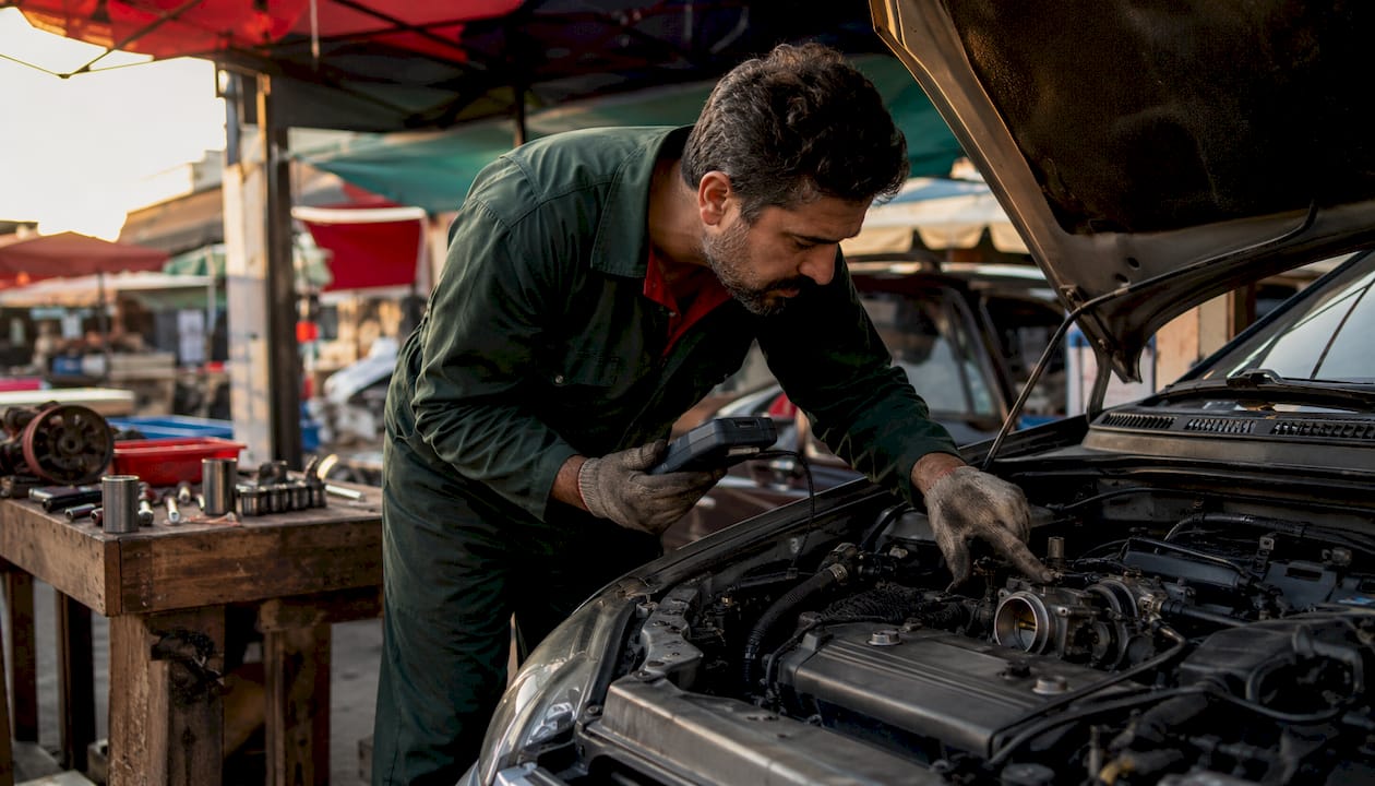 Mechanic diagnosing car engine stall at idle