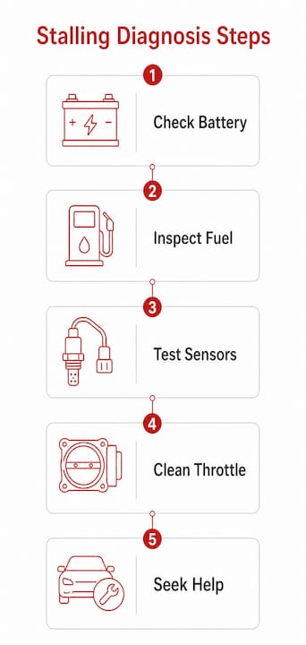 Infographic outlining steps to diagnose car stalling at idle