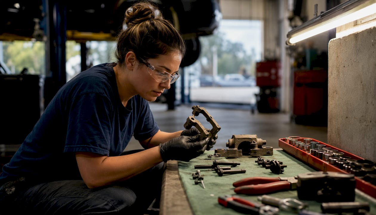 Female technician inspecting caliper hardware parts