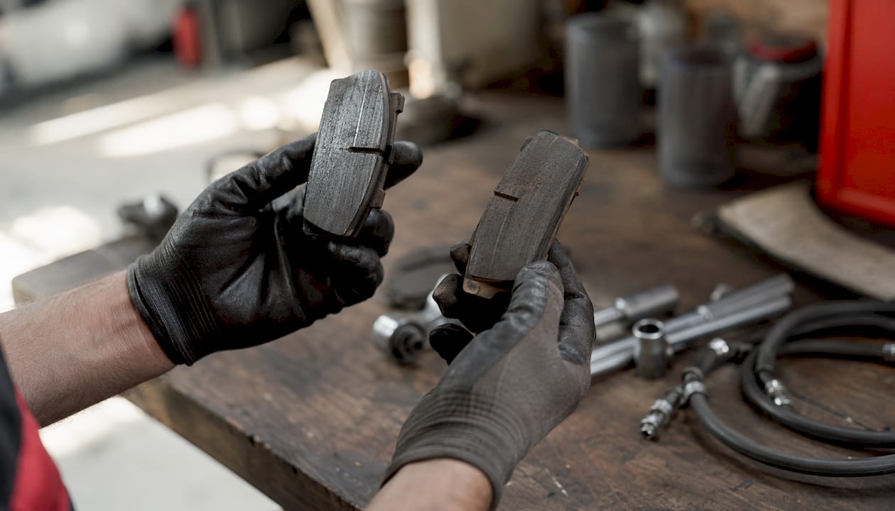 Close-up hands inspecting worn brake pads