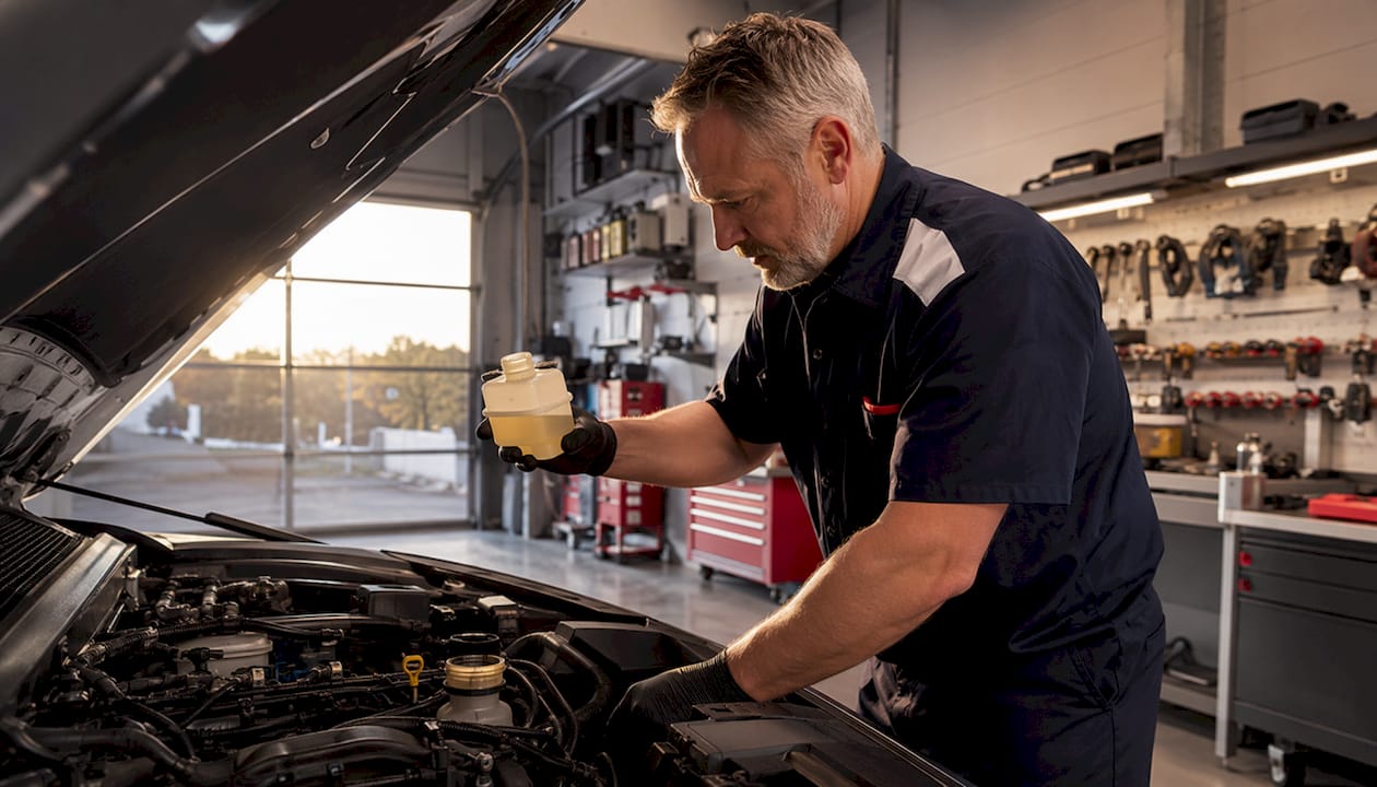 Mechanic checking brake fluid in car engine