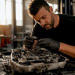 Technician inspecting transmission solenoid at workbench