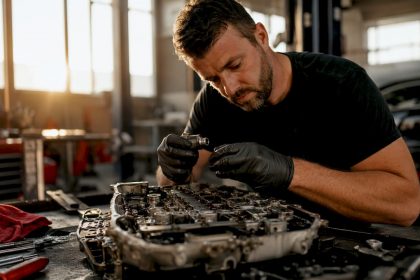Technician inspecting transmission solenoid at workbench