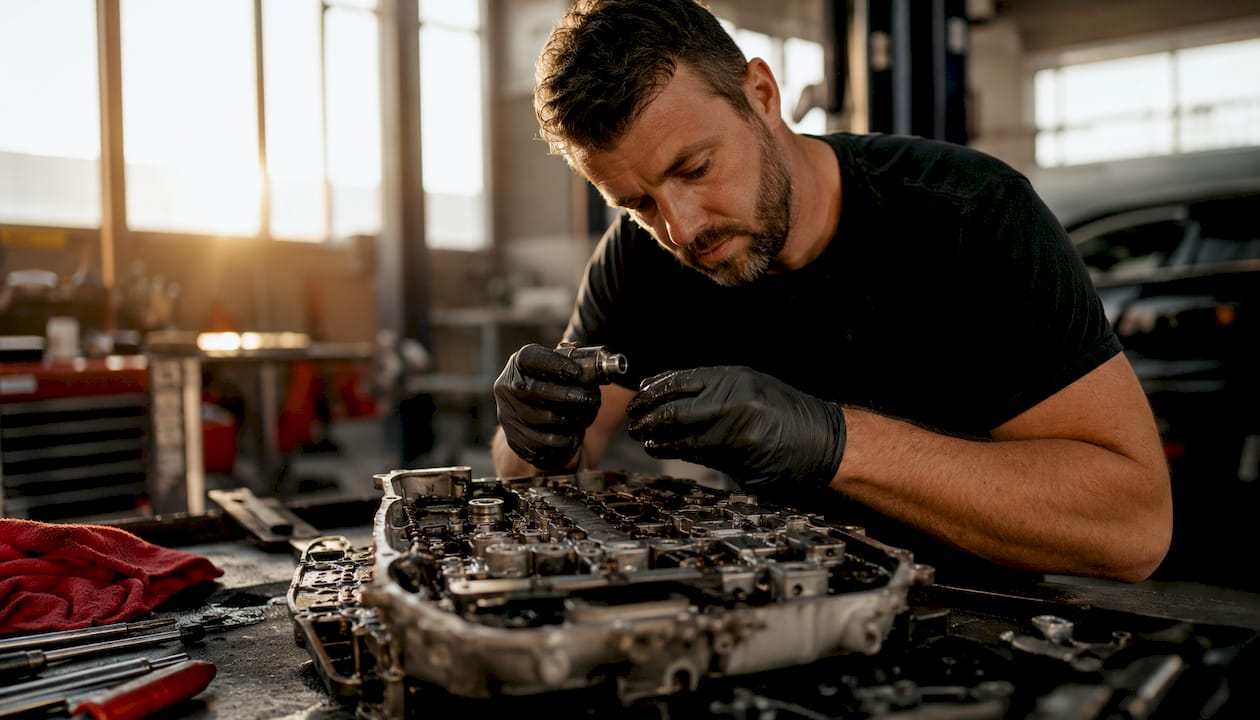 Technician inspecting transmission solenoid at workbench