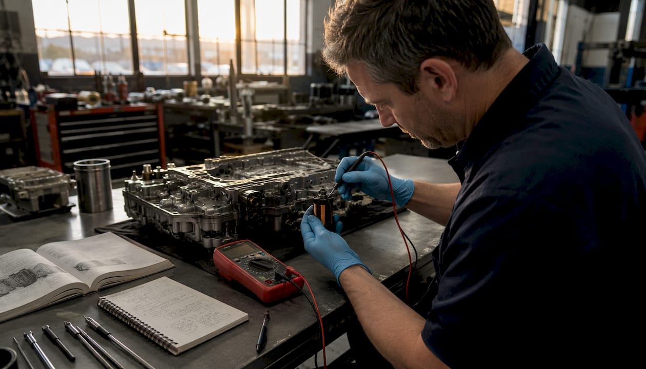 Close-up of solenoid coil being tested with multimeter