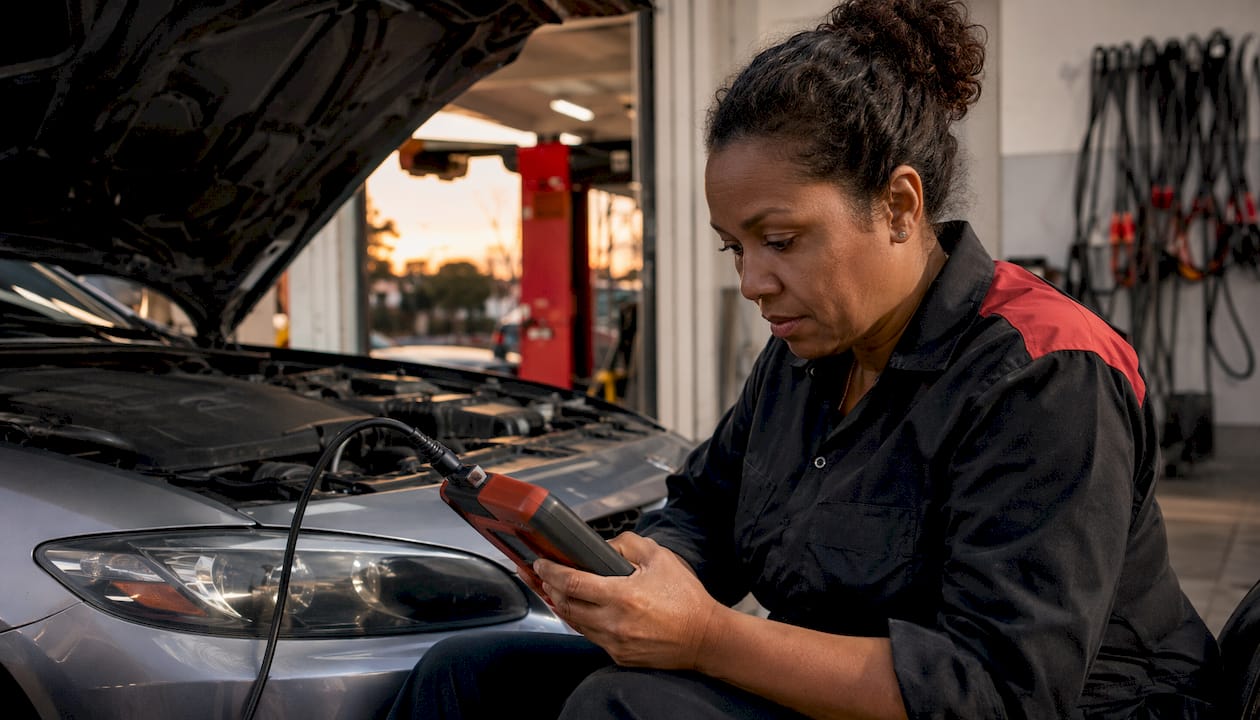 Female mechanic using scan tool on car in diagnostic bay
