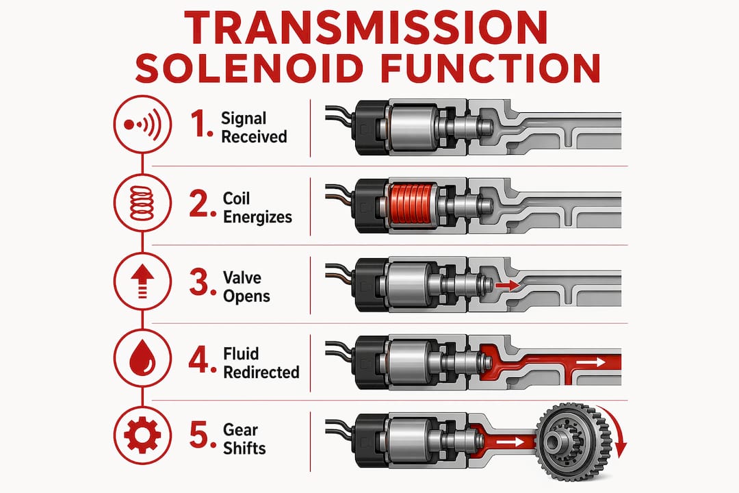 Infographic illustrating transmission solenoid gear shifting flow