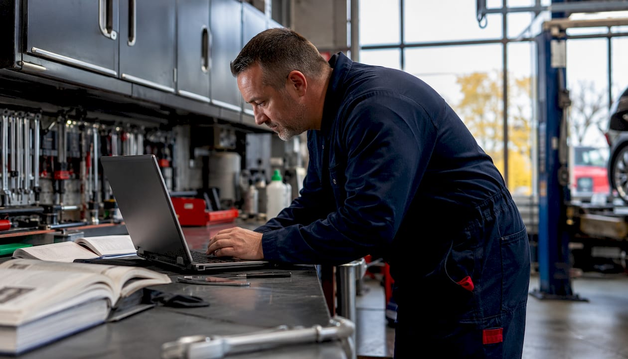 Technician checking ASE certification online