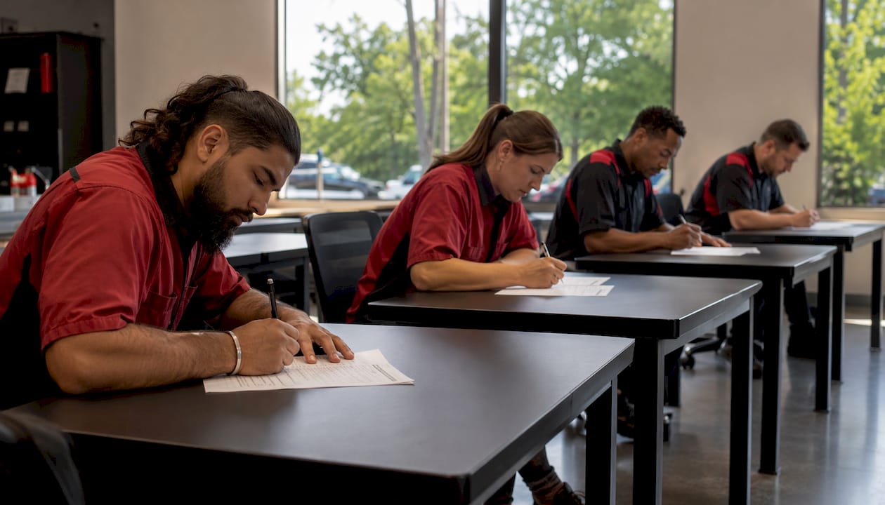 Technicians taking ASE certification test