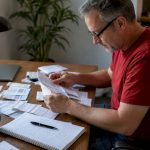 Man reviewing car repair invoices at home table