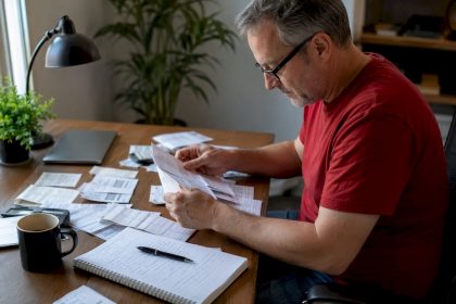 Man reviewing car repair invoices at home table