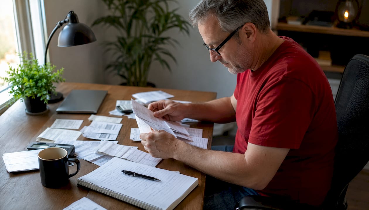 Man reviewing car repair invoices at home table