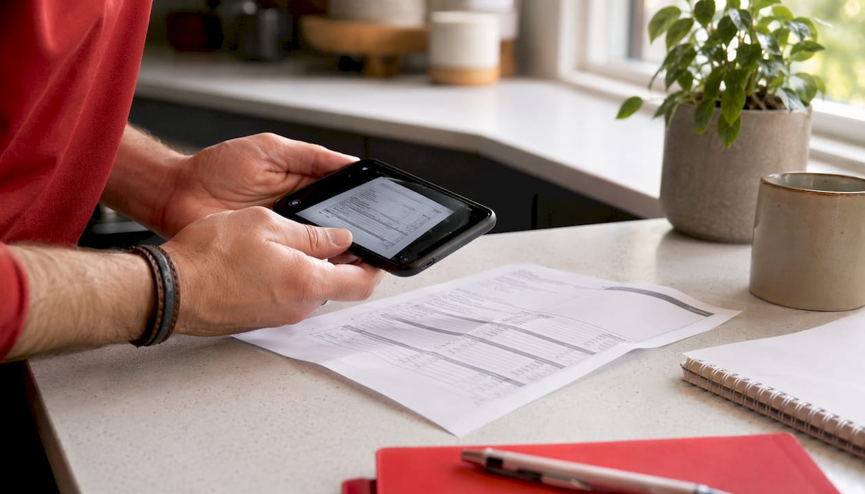 Hands scanning car repair invoice with smartphone