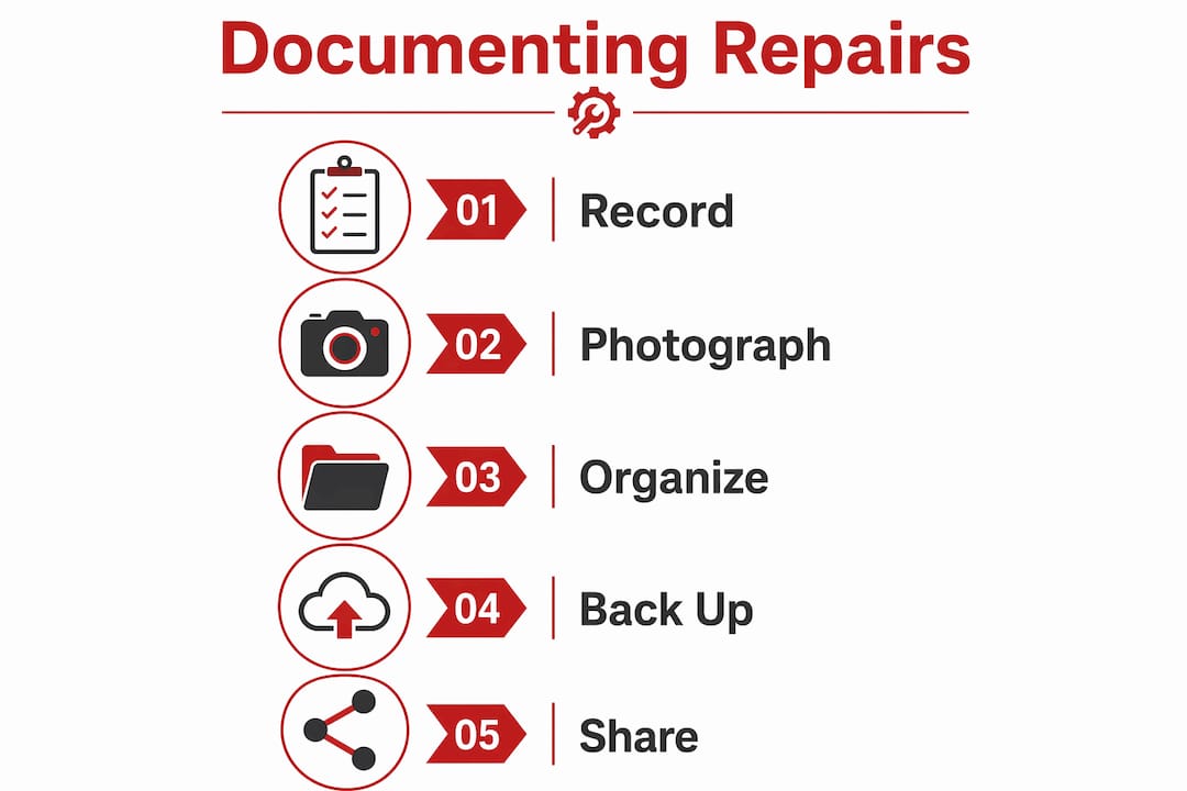 Infographic illustrating steps to document car repairs