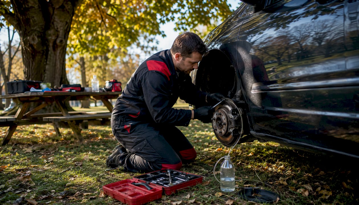 Mechanic bleeding brakes alone on car wheel