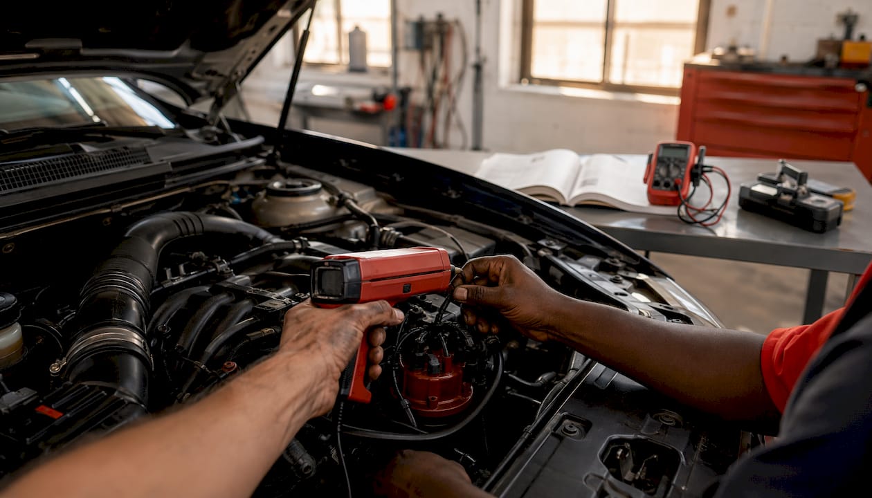 Hands using timing light on engine distributor