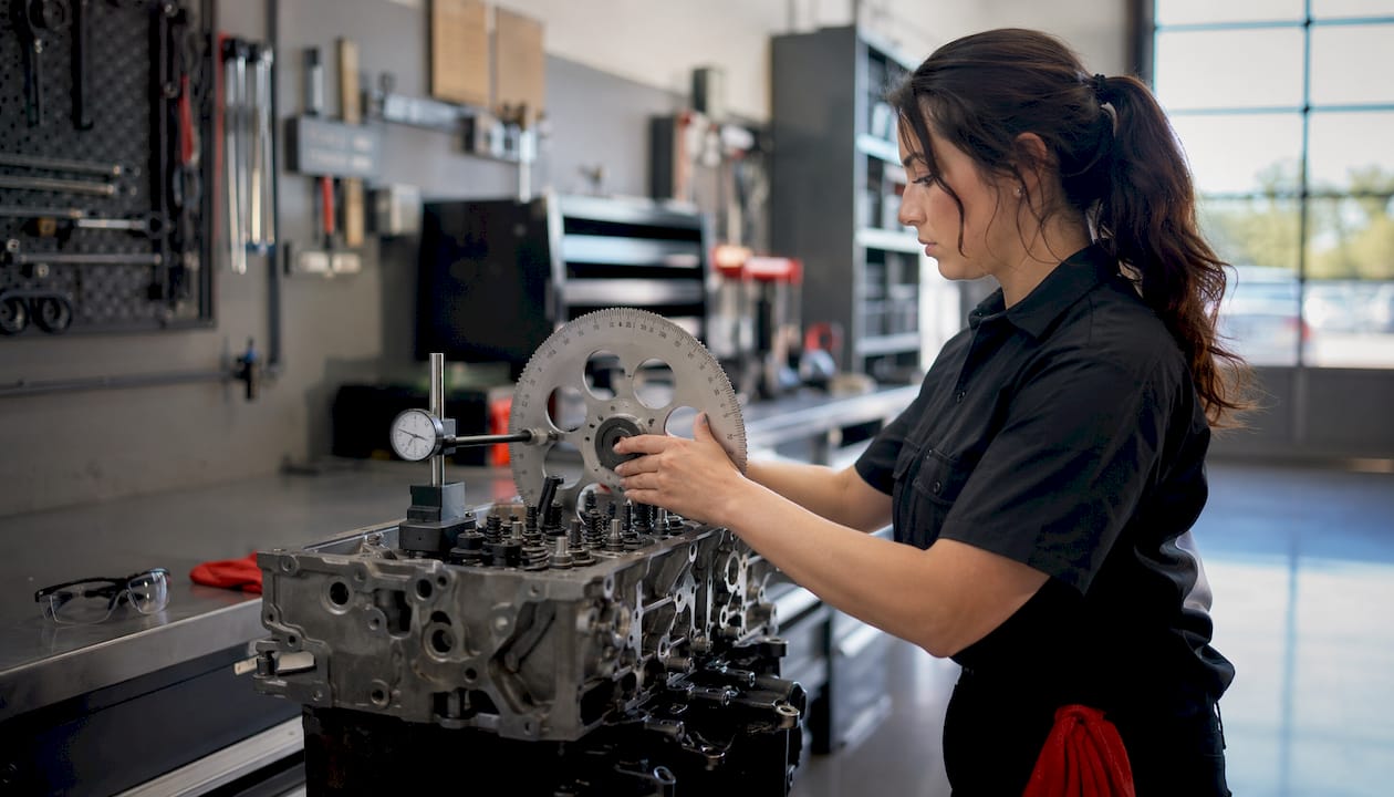 Technician checking camshaft timing with degree wheel