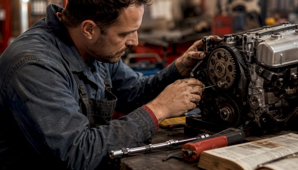 Technician adjusting timing belt in workshop