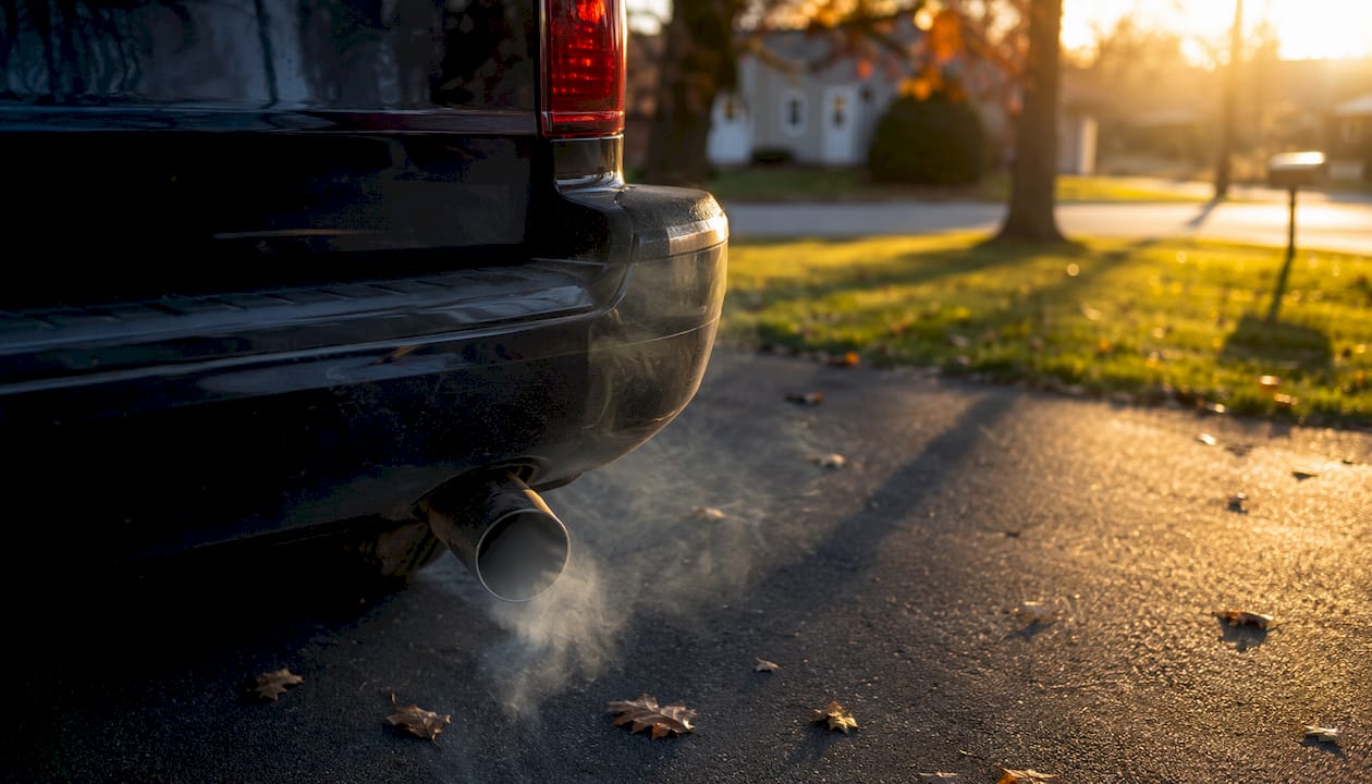 Blue-gray smoke coming from car exhaust pipe