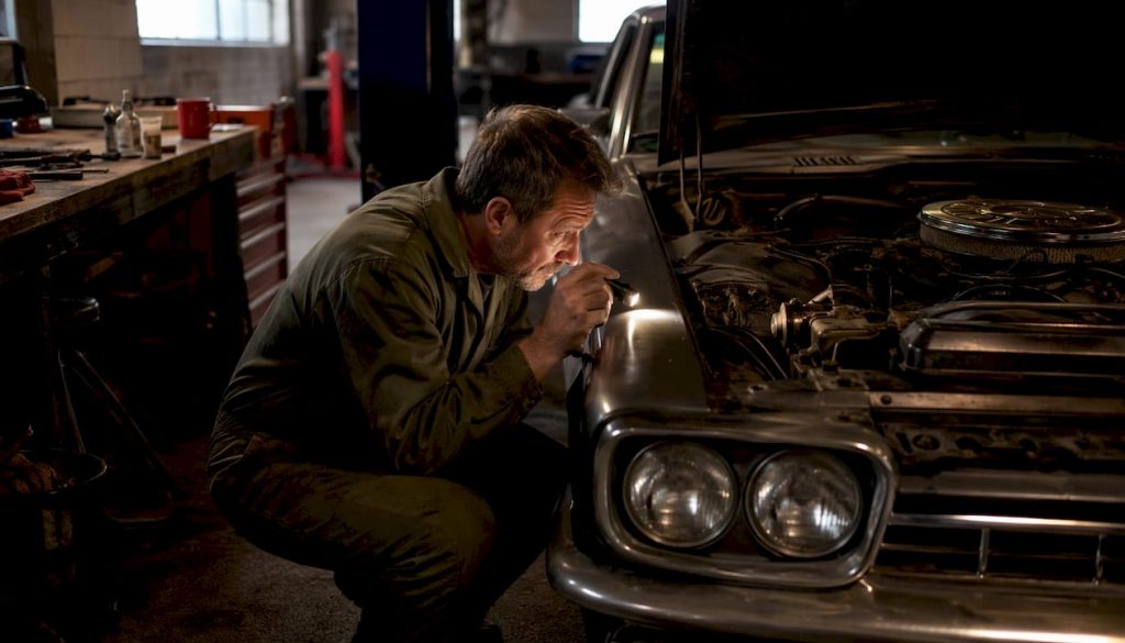 Mechanic inspecting car engine for oil burning