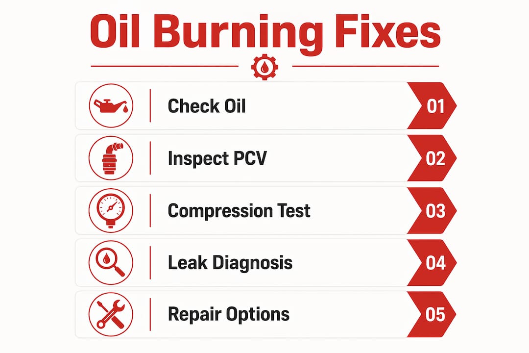 Infographic showing oil burning diagnostic and repair steps