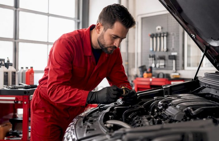 Mechanic installing engine thermostat in car