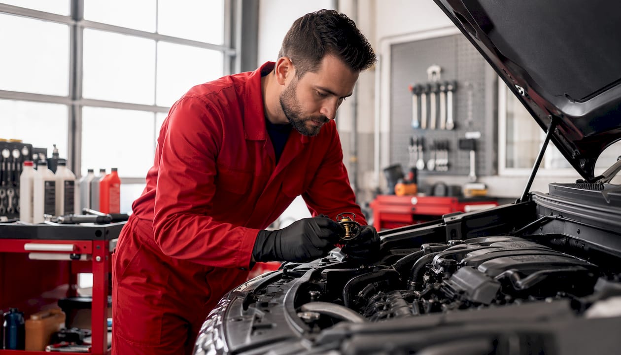 Mechanic installing engine thermostat in car