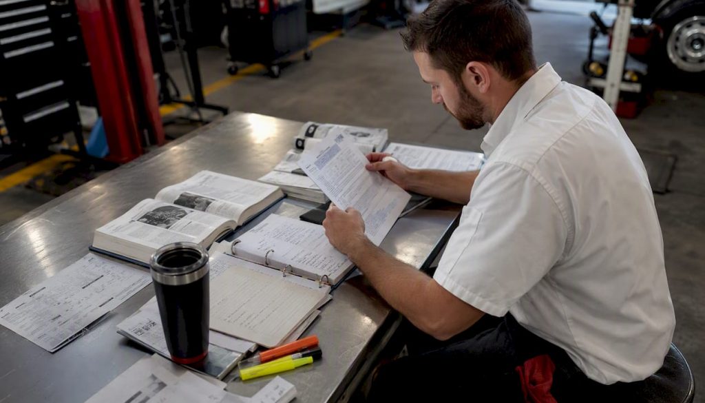 Technician studying ASE certification materials