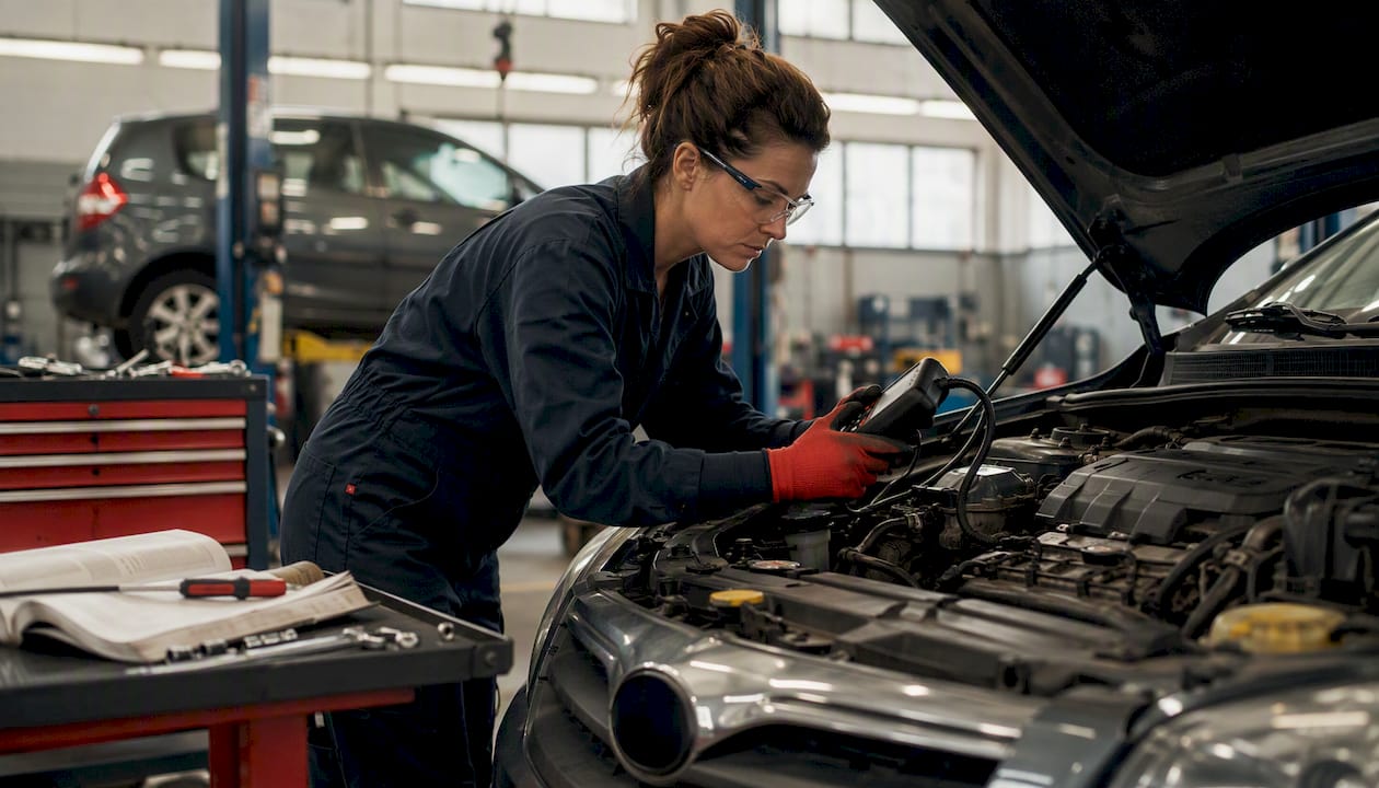 Mechanic inspecting car engine in independent shop