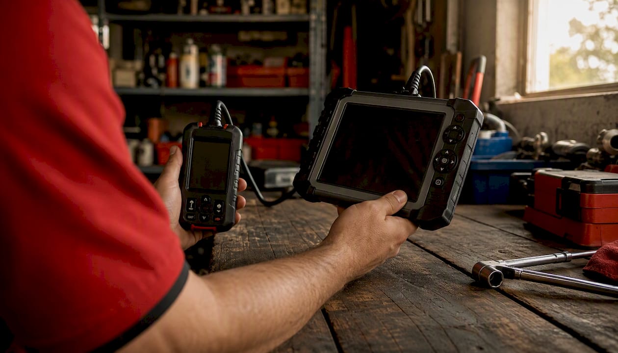 Hands comparing diagnostic tools side by side