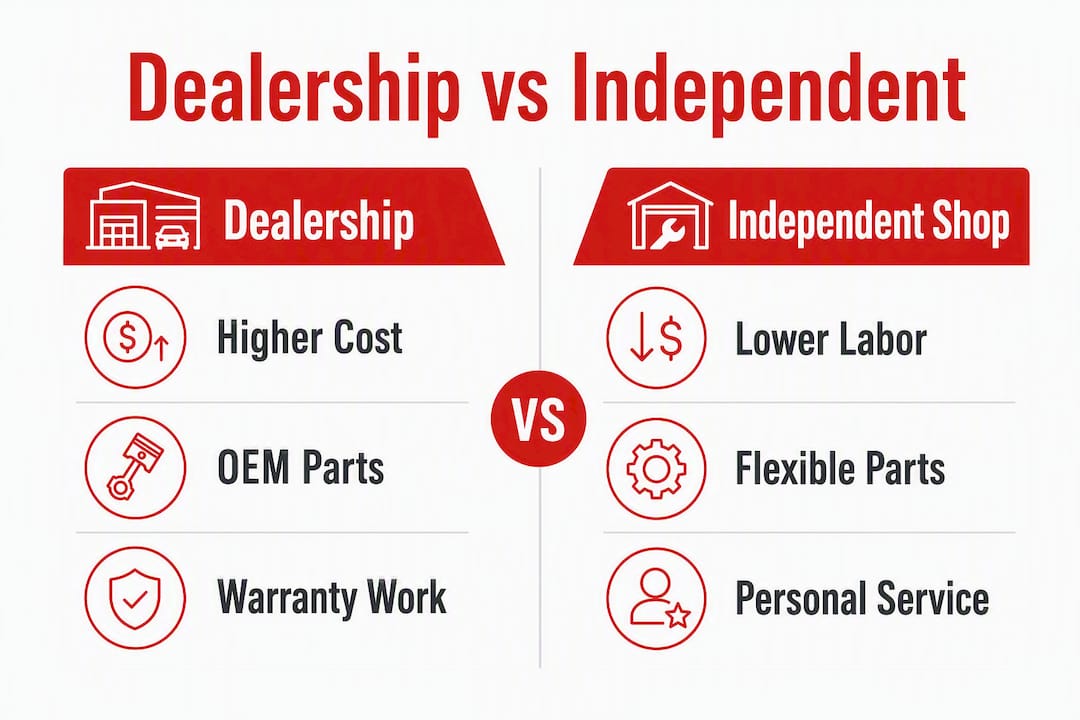 Infographic comparing dealership and independent auto repair features