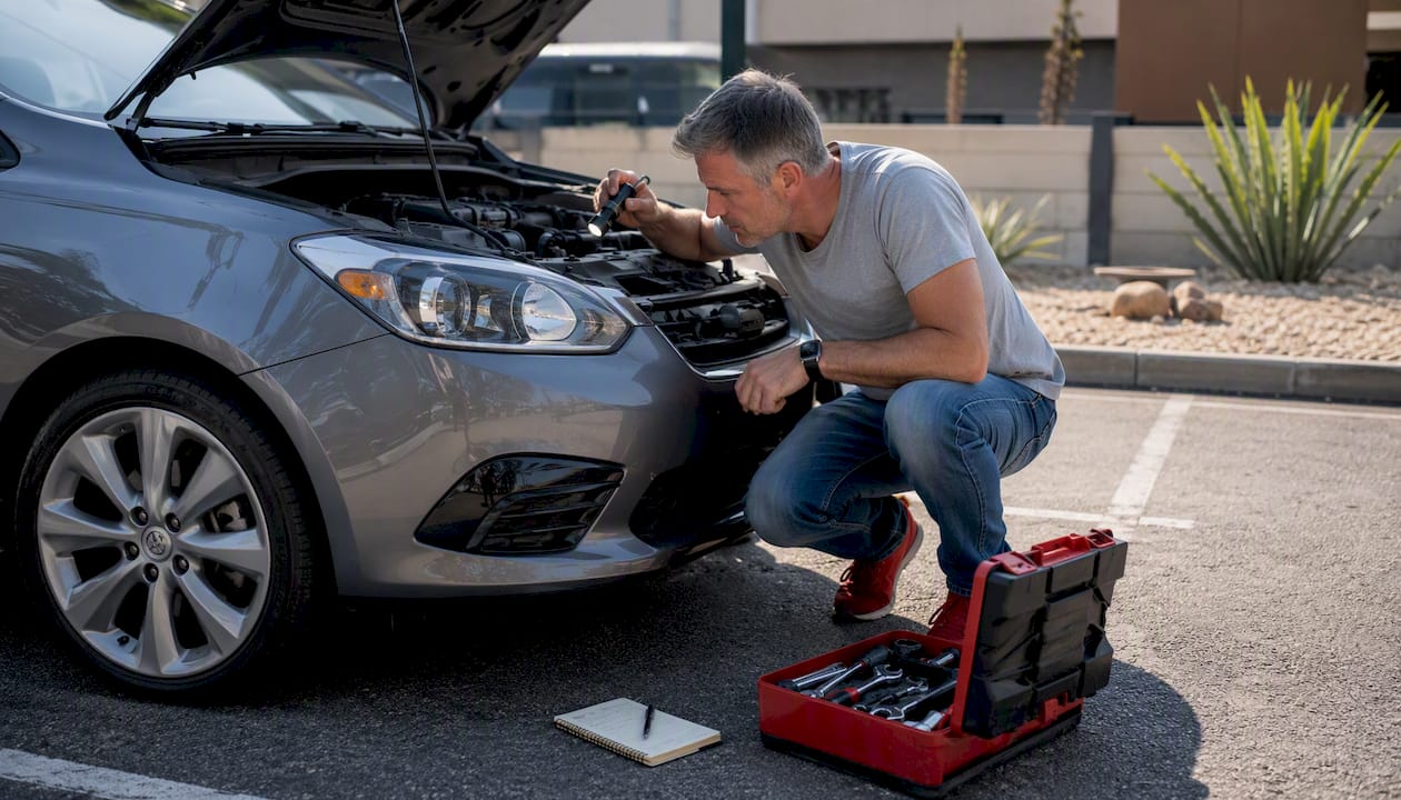 Car owner inspecting engine with oil dipstick outdoors
