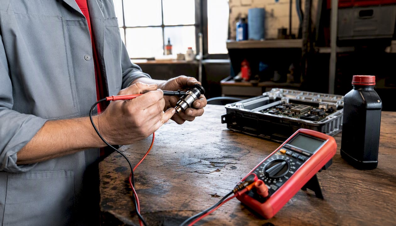 Hands testing oil control solenoid with multimeter