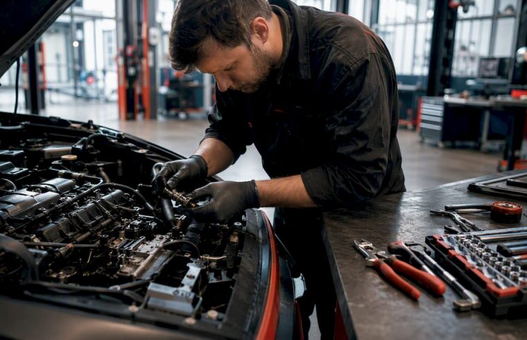 Mechanic working on oil control solenoid in engine bay