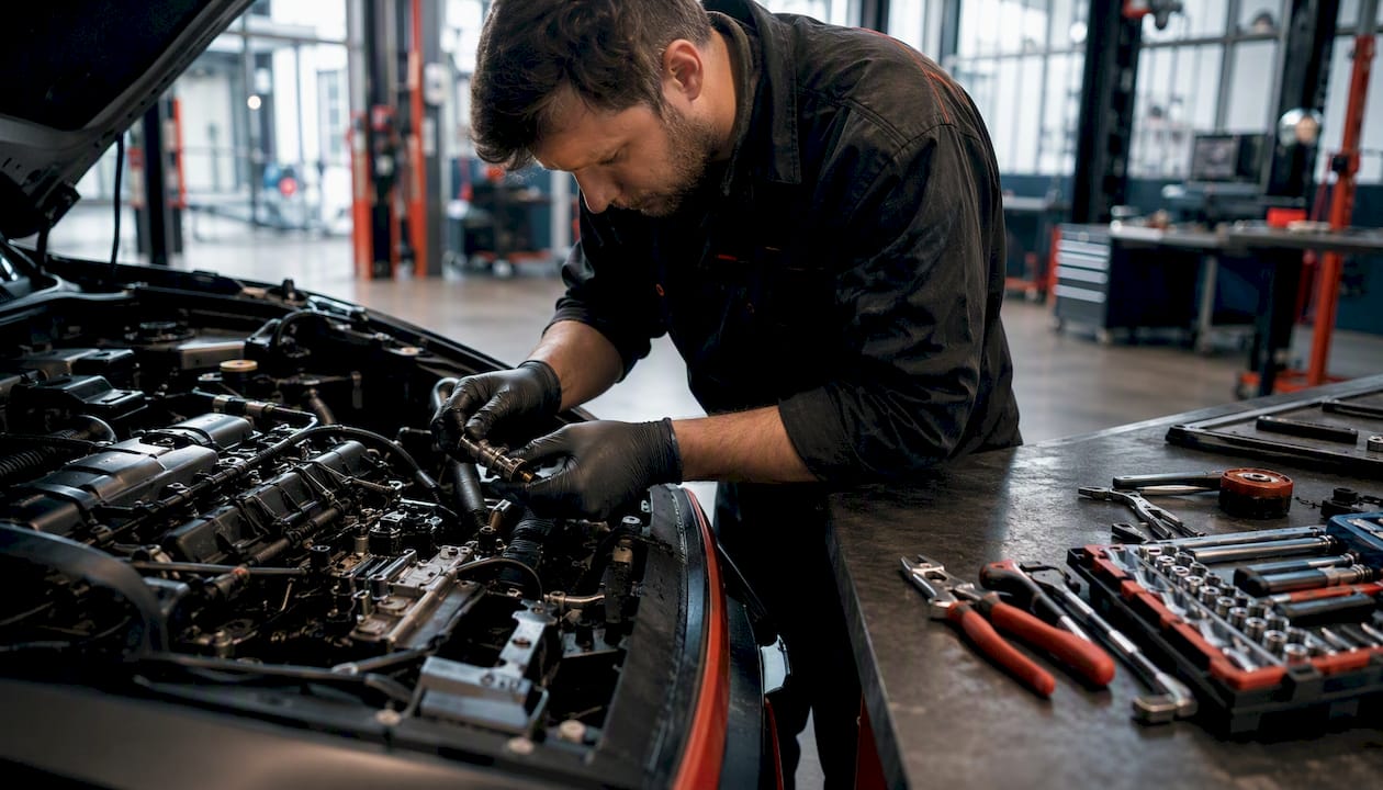 Mechanic working on oil control solenoid in engine bay