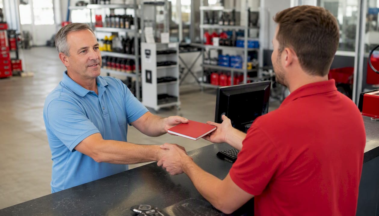 Hands exchanging auto repair warranty booklet